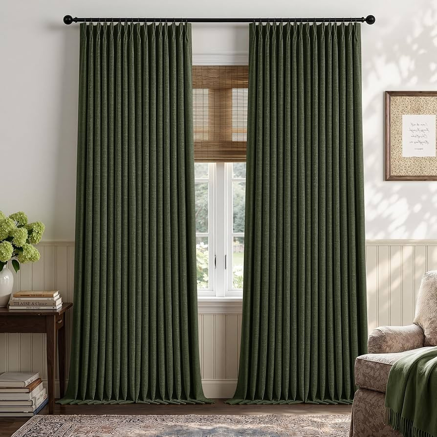 Olive Green Pleated Linen Blackout 96 Inch Curtains for Bedroom Living Room | Amazon (US)