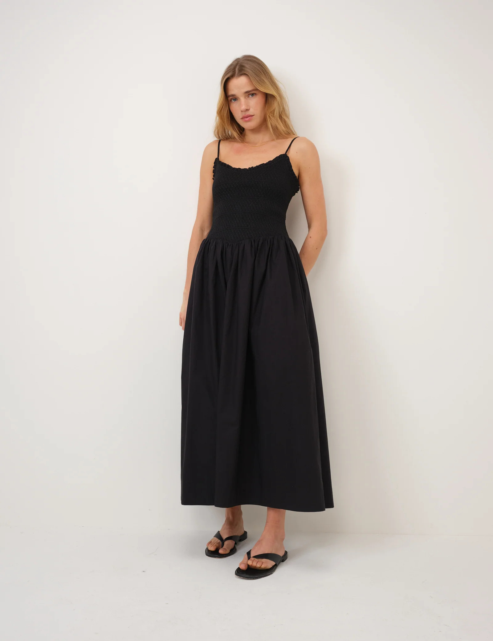 Black Shirred Drop Waist Daisy Midi Dress | Nobody's Child