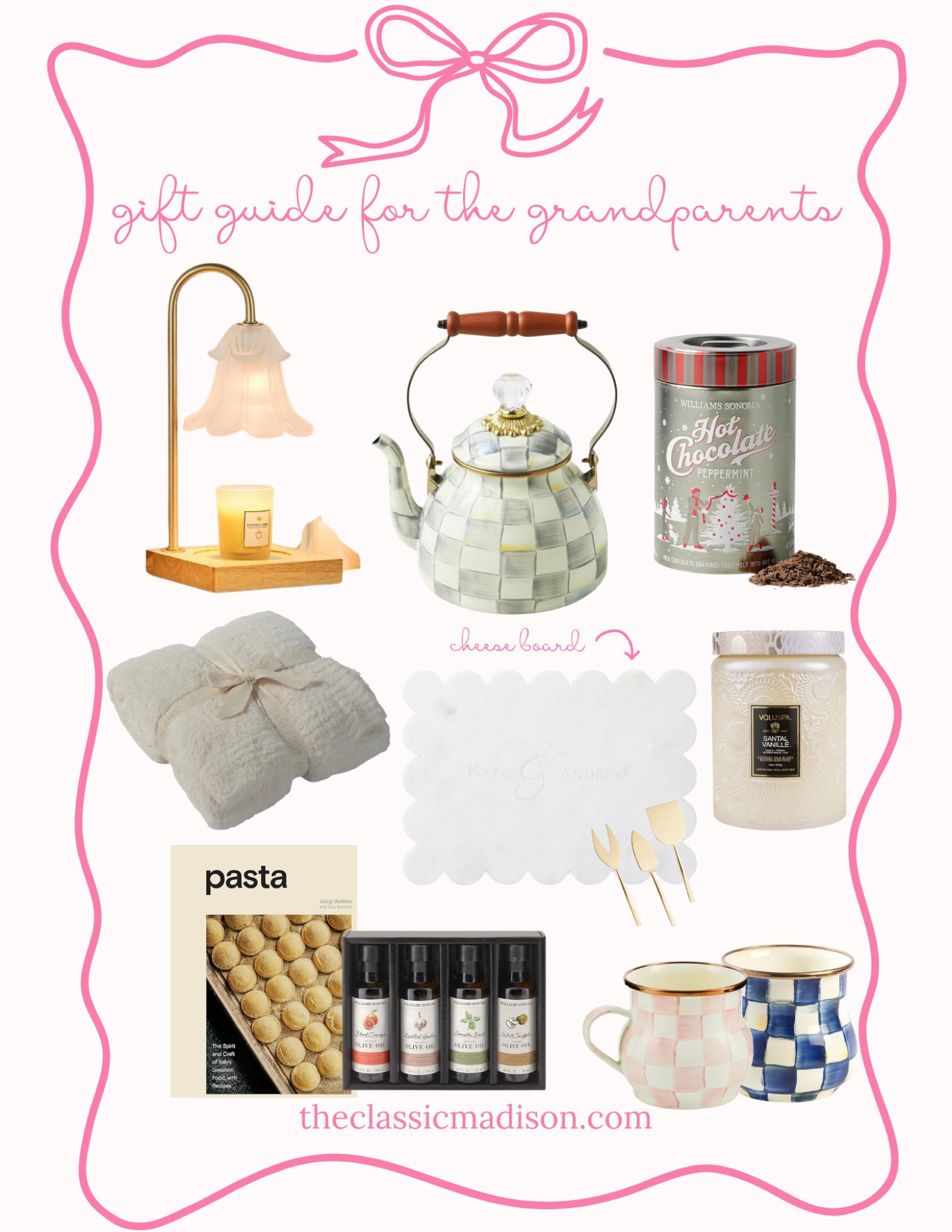 This gift guide for the grandparents is filled with thoughtful and cozy items perfect for making their home feel extra special! From a charming MacKenzie-Childs teapot and matching mugs to a warm plush throw blanket, these gifts are perfect for relaxing moments. Add in a personalized marble cheese board, gourmet hot chocolate, and a luxurious Voluspa candle to create a heartwarming gift set. These curated pieces are perfect for any grandparent who enjoys a cozy, elegant touch at home! 🎁✨

#GiftGuideForGrandparents #HolidayGifts2024 #CozyHomeGifts #LTKHoliday #MacKenzieChilds #LTKGiftGuide #ThoughtfulGifts #HolidayGiftIdeas #GiftsForGrandparents

#LTKGiftGuide #LTKHoliday #LTKSeasonal