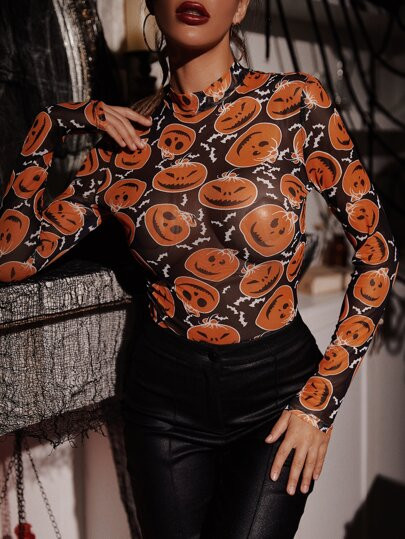 Halloween Pumpkin Print Sheer Mesh Top | SHEIN