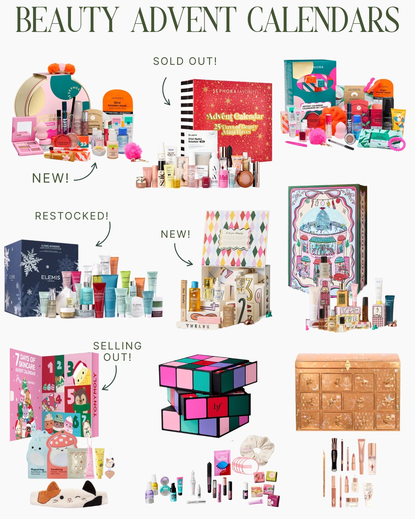 😍 New drops + restocks on the Beauty Advent Front! The Sephora Collection Premium is live! This is a bougier calendar of Sephora-branded items - it will sell out, as will the regular Collection calendar (most tween/teen appropriate). Sephora Favorites is sold out - not sure it will come back, but I will include the info 👇! Squishmallows x Tonymoly is on the way to selling out. Elemis loaded and sold out FAST the other day - it has restocked ($$$, but huge retail value in it so it's popular - for adults). Otherwise we also have a new 12-day Anthro option, Benefit + Charlotte Tilbury (another one that's $$$ but big retail value). We are STILL waiting on Glow Recipe and Tatcha announced they have one coming yesterday!



#LTKFindsUnder100 #LTKBeauty #LTKSeasonal
