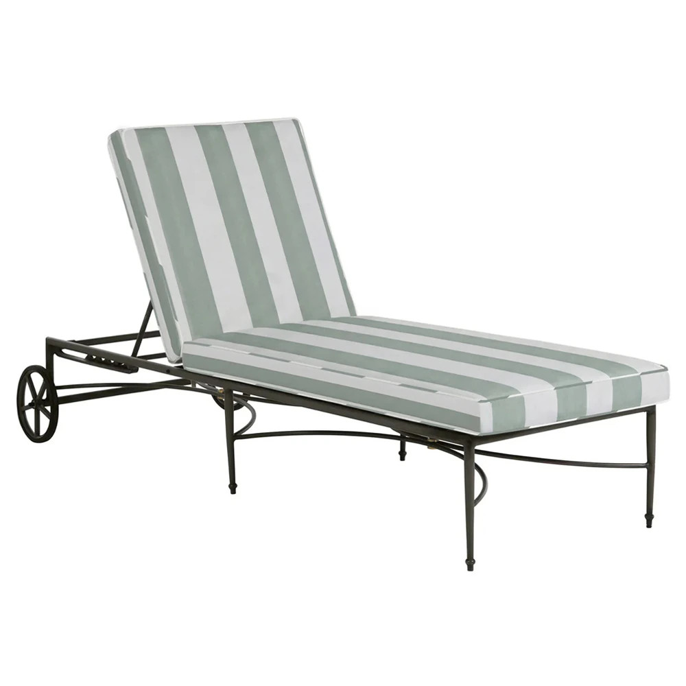 Roma Cabana Mist Stripe Sunbrella Slate Grey Aluminum Outdoor Chaise Lounge | Kathy Kuo Home