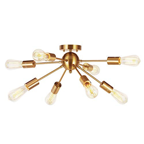 VINLUZ 8-Light Sputnik Chandelier Brushed Brass Semi Flush Mount Ceiling Light Modern Pendant Light  | Amazon (US)