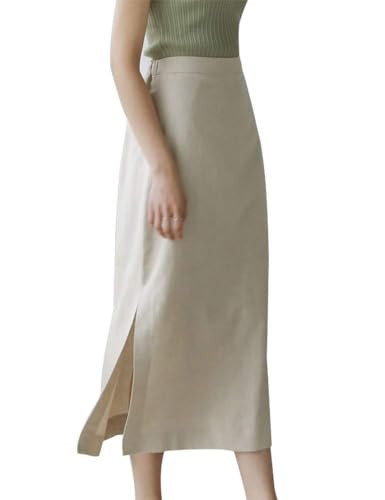 Ylingjun Long Linen Skirt for Women High Elastic Waisted Straight Linen Midi Skirt with Slit (Beige, XS) | Amazon (US)