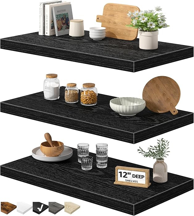 12" Deep Floating Shelves for Wall - 12 x 24 inch Book Shelf Bathroom Bedroom Kitchen Living Room... | Amazon (US)