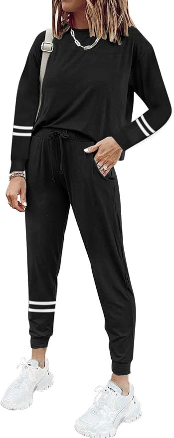 ZESICA Womens 2 Piece Pajama Set Casual Short Sleeve Tops and Jogger Sweatpants Active Sweatsuit ... | Amazon (US)