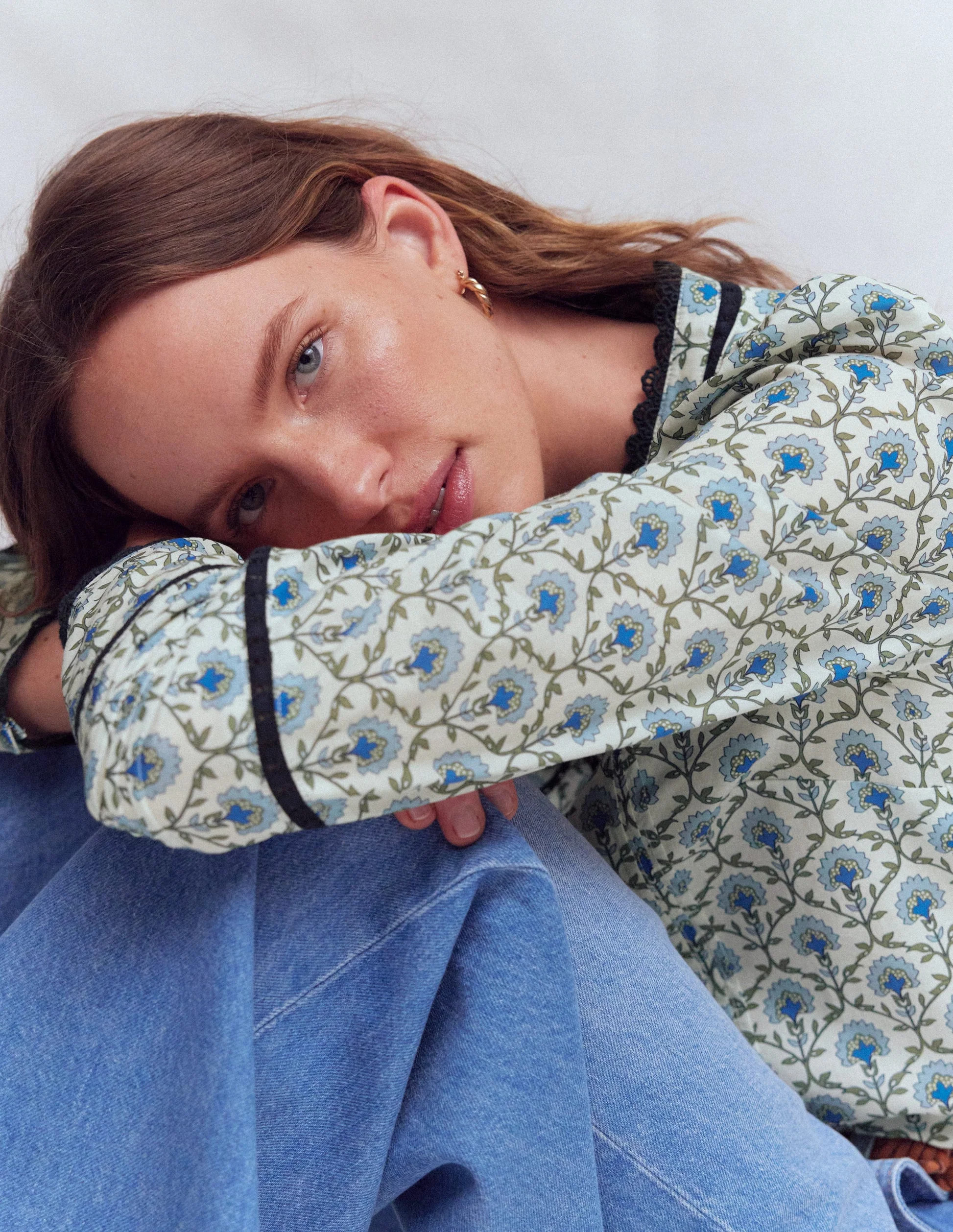 Carmen Trim Detail Cotton Top-Ivory, Flower Lattice | Boden UK