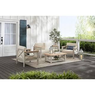 Hampton Bay Coral Crest Weathered Light Teak 4-Piece Wood Patio Conversation Set with Beige Cushi... | The Home Depot