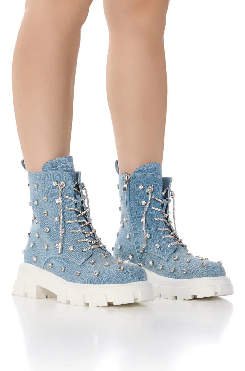 AZALEA WANG GET WHAT SHE LIKE EMBELLISHED BOOTIE IN DENIM | AKIRA