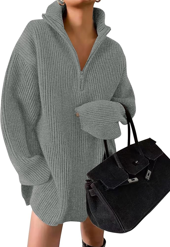 Women's Casual V Neck Sweater Dress Oversized Long Sleeve Zip Up Ribbed Knit Loose Pullover Tunic... | Amazon (US)