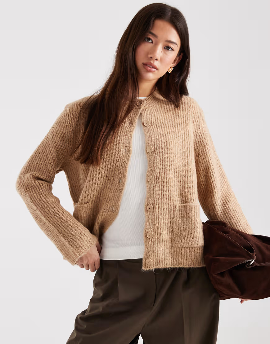 ASOS DESIGN knitted cardigan with patch pockets in beige-Red | ASOS (Global)