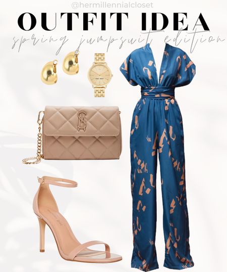 Stylish Jumpsuit Spring 2024 Formal, Parties, Gala, Date Night, Brunch Outfit Inspo Ideas. blue Jumpsuit and Nude Bag + Strap Stilettos. 

#LTKstyletip #LTKparties #LTKGala
