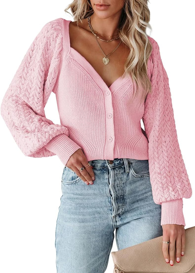 MARZXIN 2024 Cropped Cardigan Sweaters for Women Cute Puff Sleeve V Neck Button Up Y2K Cardigan C... | Amazon (US)