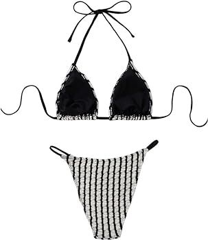 SHENHE Women's 2 Piece Striped Halter High Waist Tie Back Textured Sexy Bikini Set with Thong | Amazon (US)