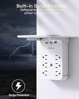 Wall Outlet Extender - Surge Protector 6 AC Outlets Multi Plug Outlet with Shelf, 2 USB and USB C... | Amazon (US)