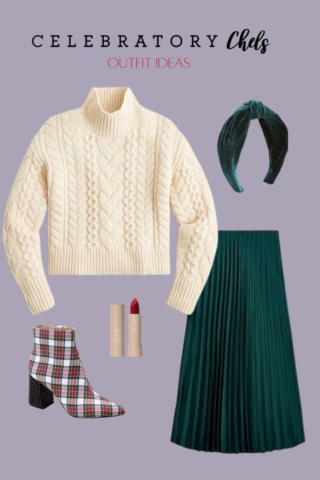 Cable knit sweater
Green pleated skirt
Green knotted headband
Plaid booties
Boots
Red lipstick 
Clean beauty
Clean makeup 
Holiday outfit 
Holiday party
Christmas party look 

#LTKHoliday #LTKshoecrush #LTKbeauty