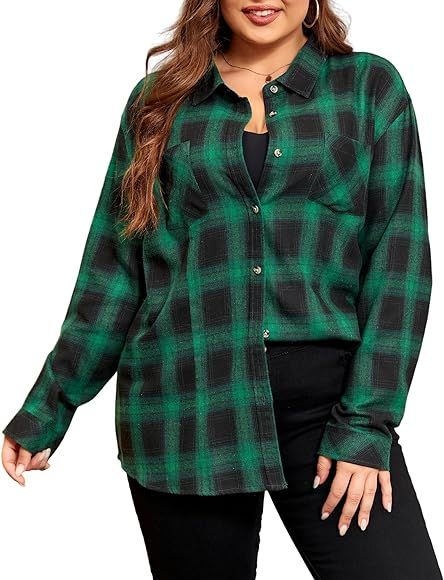 LALAGEN Plus Size Flannel Shirts for Women 2023 Oversized Boyfriend Plaid Shirt Casual Loose Long... | Amazon (US)