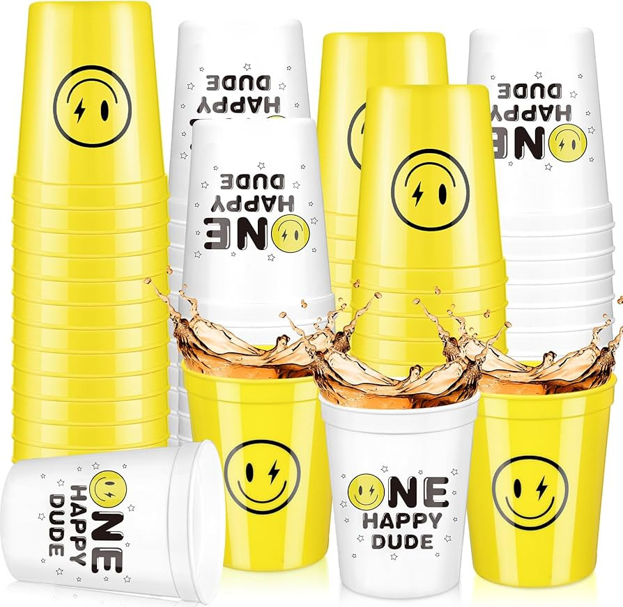 Norme 36 Pcs One Happy Dude 16 oz Plastic Cups Reusable Drink Tumblers Smile Face Birthday Cups f... | Amazon (US)