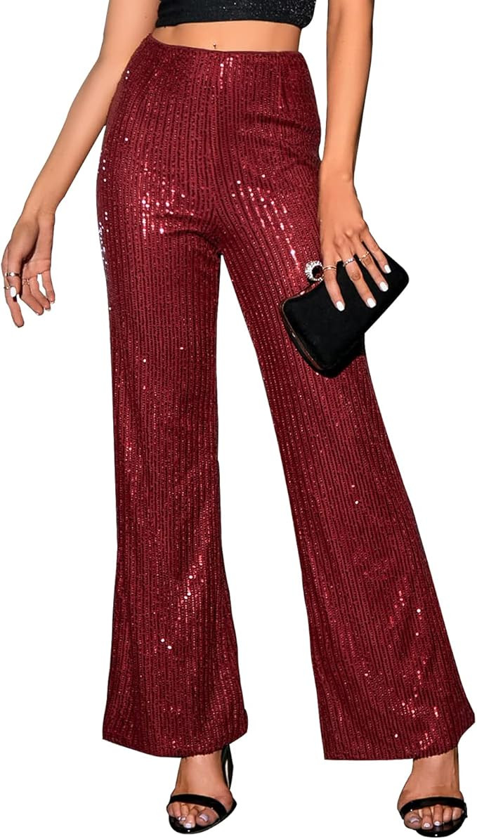 YHYJMY Womens Sequin Bell Bottom Pants Sparkle Elastic Loose Flare Glitter Bling High Waist Shiny... | Amazon (US)
