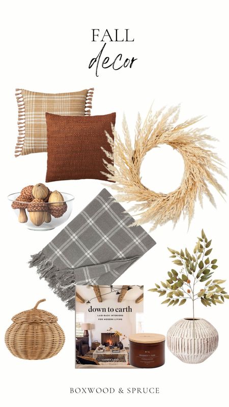 Target Fall decor, fall wreath, wheat wreath, magnolia hearth and hand, down to earth Lauren Lewis’s, grey plaid blanket, fall stems, rattan pumpkin basket, small carven cream vase, McGee and co vase, fall candle, yellow plaid pillow, woven rust pillow, acorn and mushroom filler

#LTKunder100 #LTKhome #LTKSeasonal