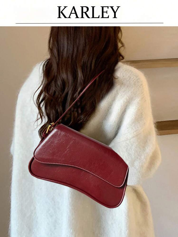1pc Burgundy Minimalist Solid Color Women's Shoulder Bag, Flap Cover Shoulder Bag, Baguette Bag, Handbag, Underarm Bag, Square Bag, PU Leather Texture Bag, Fashionable Multi-Functional Elegant Sexy Suitable For Handheld, Shoulder, Work, Business, Commute, Outdoor, Travel. Bag Size: 27*15*6 Cm | SHEIN