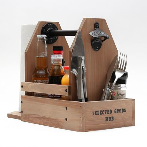 Wooden Grill Caddy Organizer - Versatile BBQ Caddy for Outdoor grill - Portable rustic wood condiment and paper towel holder with bottle opener for picnic and grilling | Amazon (US)