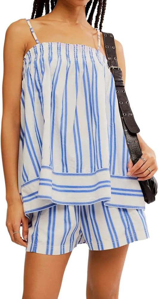 Women Y2k Pajama Set Striped Sleeveless Flowy Hem Crop Top+High Waist Lounge Shorts Boho Beach Se... | Amazon (US)