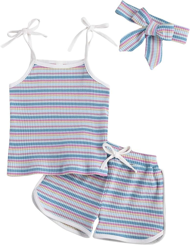 Toddler Baby Girl Summer Clothes Stripe Tank Top + Cotton Shorts Headband 3Pcs Knit Ribbed Outfit Se | Amazon (US)