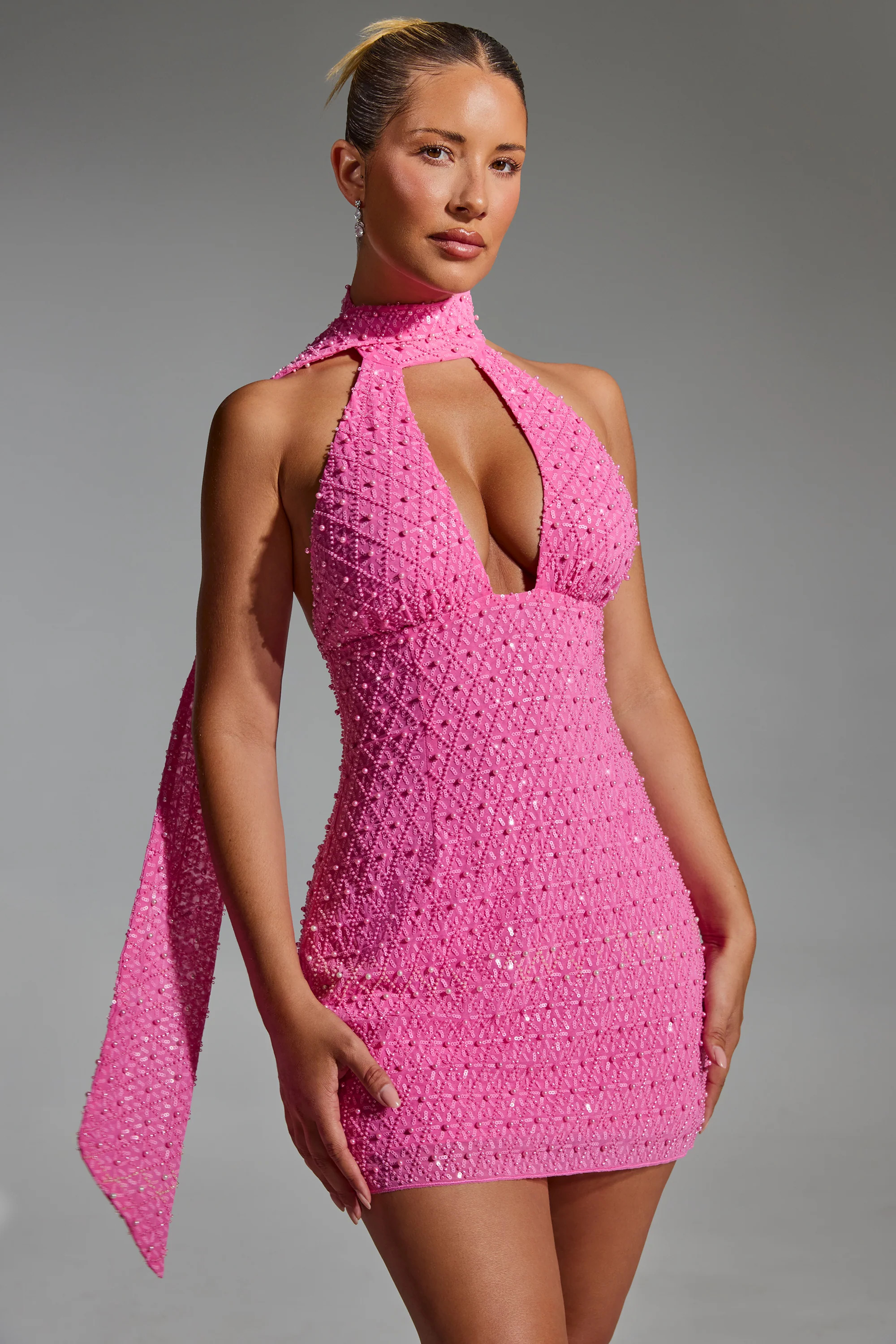 Embellished Scarf-Detail Halterneck Mini Dress in Hot Pink | Oh Polly