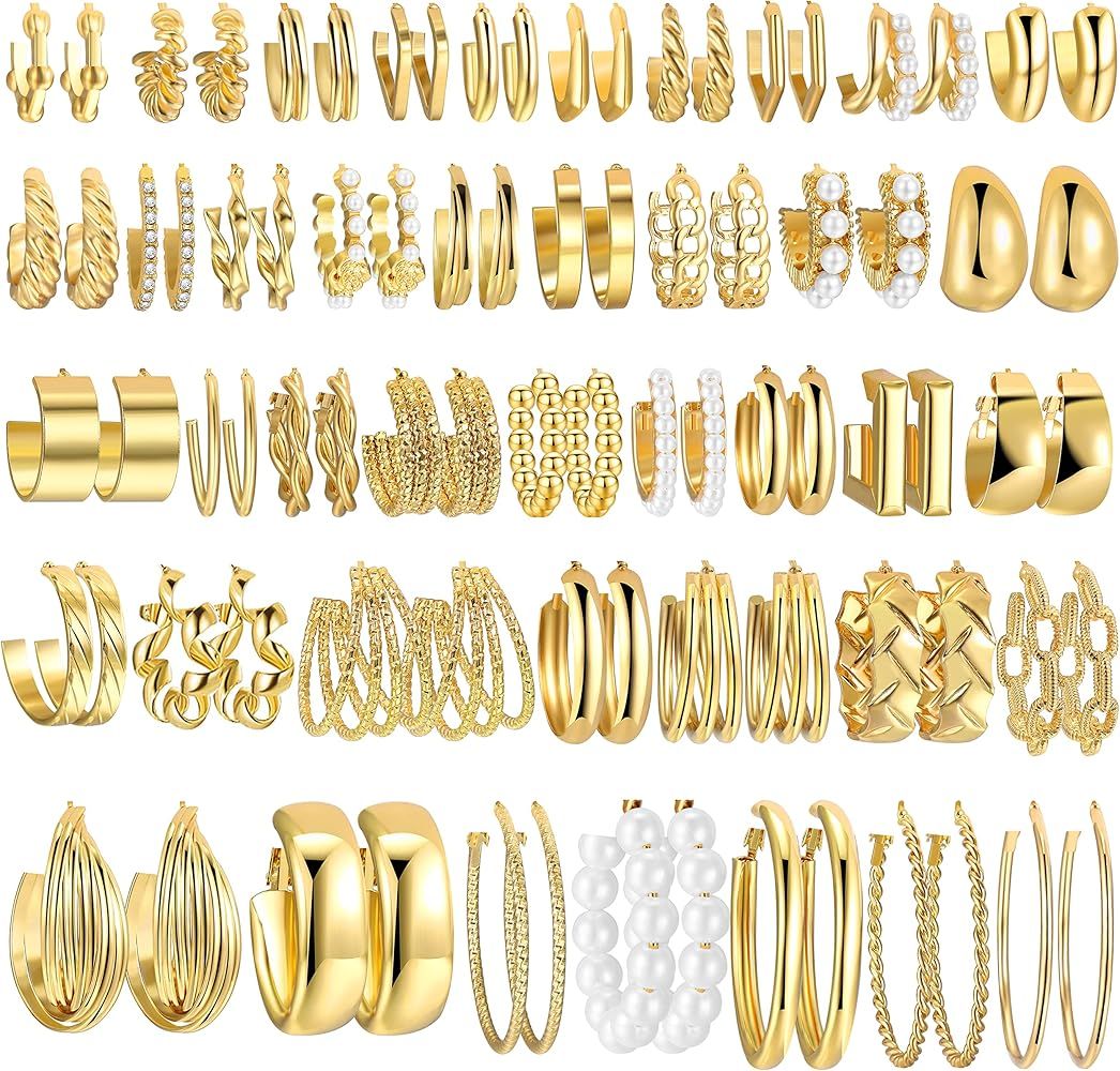 42 Pairs Gold Hoop Earrings Set for Women, Fashion Chunky Pearl Earrings Multipack Twisted Statem... | Amazon (US)