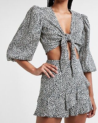 Leopard Linen-Blend Tie Front Puff Sleeve Top | Express