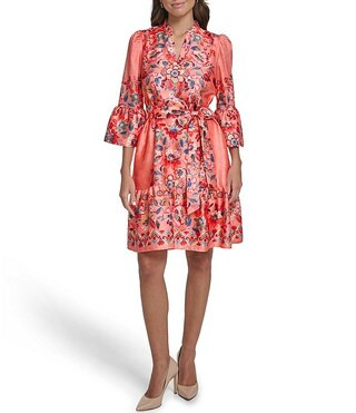 Floral Print V-Neck 3/4 Sleeve Belted A-Line Dress | Dillard's