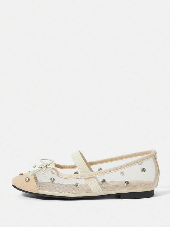 CUCCOO DOLLMOD Women's Fashionable Contrast Mesh Rhinestone Flat Shoes Vacation Shoes Summer Sale | SHEIN