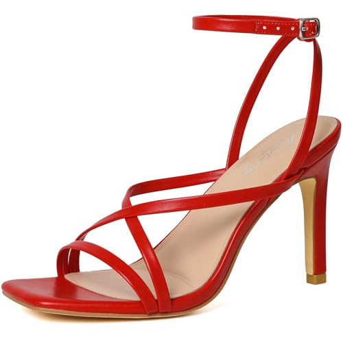 Mostrin Red Strappy Heels for Women Square Open Toe Lace Up Heeled Sandals Ankle Strap Sexy Stiletto High Heels for Party, Prom, Dating Size 8 | Amazon (US)
