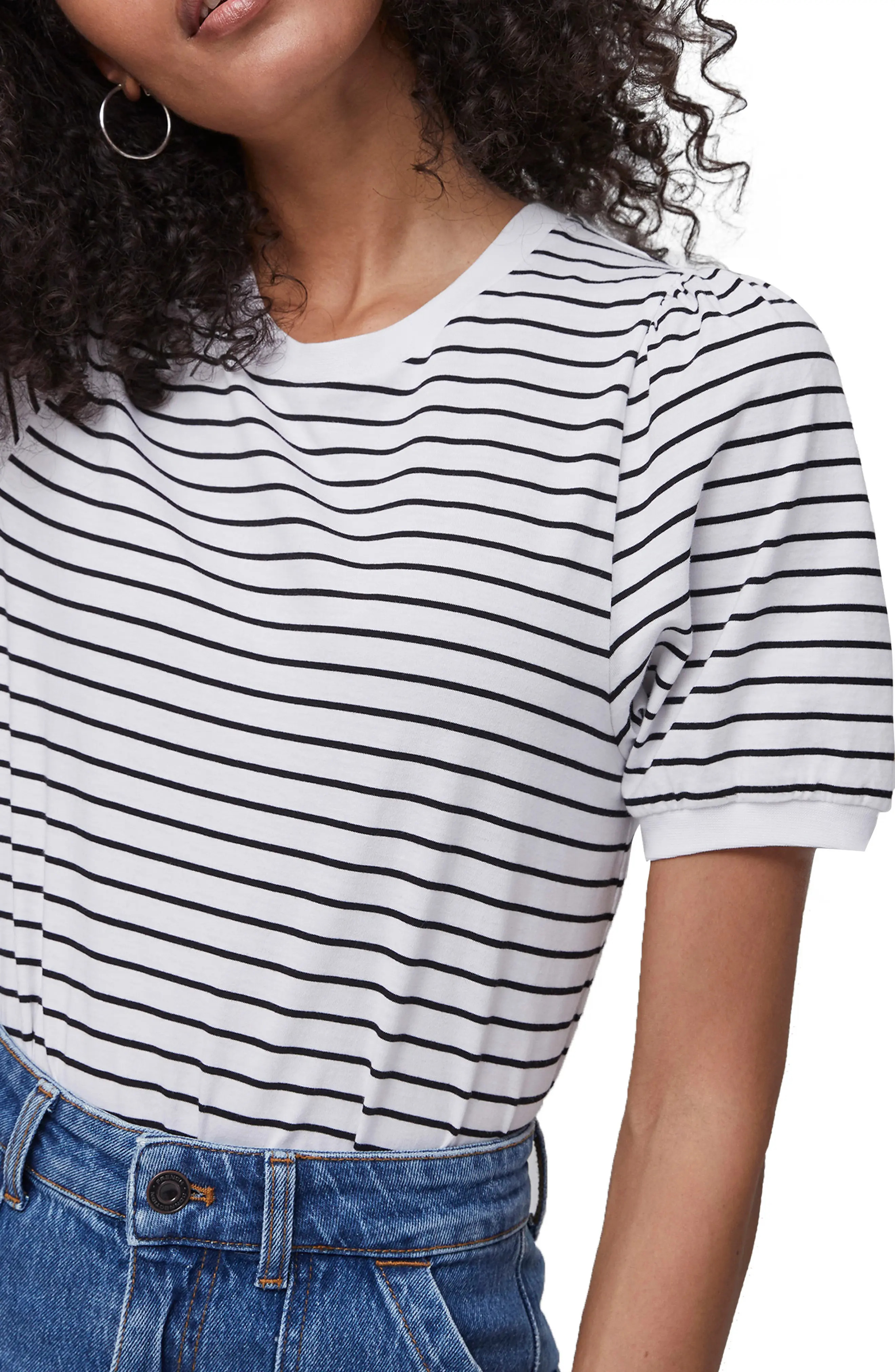 Women's French Connection Stripe Puff Sleeve Cotton Top, Size X-Small - White | Nordstrom