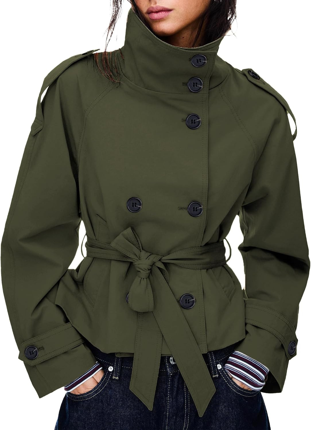 Women's Cropped Trench Coat Double Breasted Short Jacket High Collar Fall Winter Coats Trendy Outfit with Belt | Amazon (US)