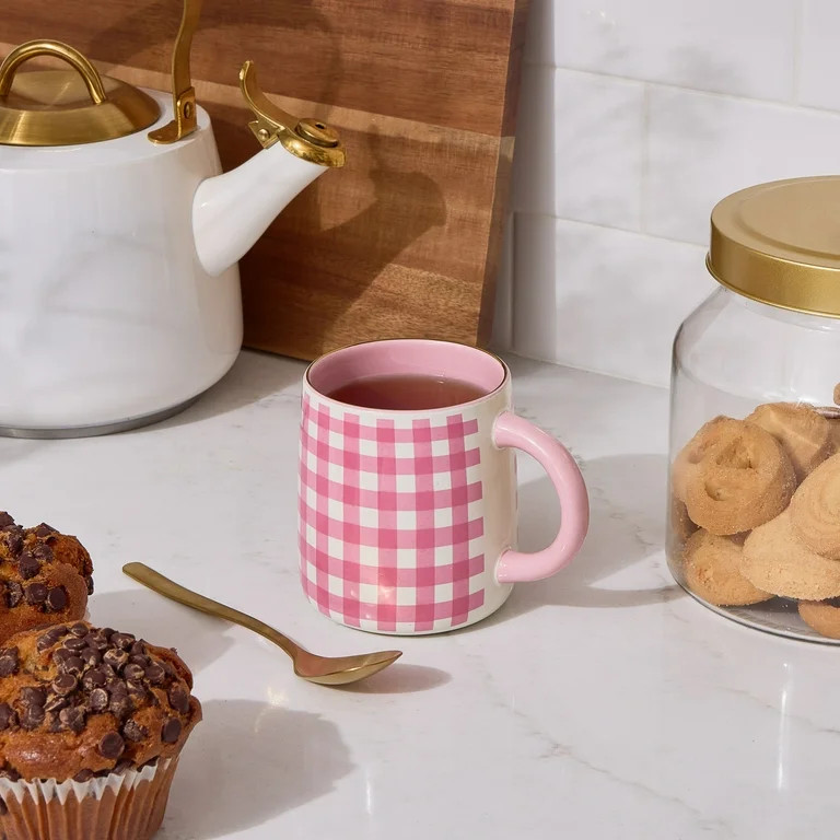 Thyme & Table 14.5 fl oz Pink Gingham Stoneware Mug | Walmart (US)