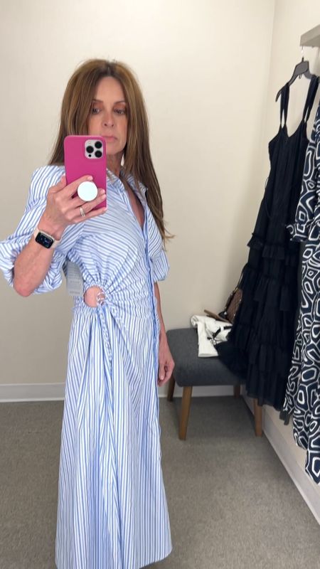 This striped midi shirtdress has fun cutouts on the sides. It’s lightweight and is the perfect summer dress with its figure flattering fit. Wear it on date nights, to brunch, a wedding, a bridal shower and more. I’m wearing size 4. Fits tts. Longer on my petite height. #transitionstyle #petitestyle #petitefashion #over40

#LTKstyletip #LTKFind #LTKSeasonal