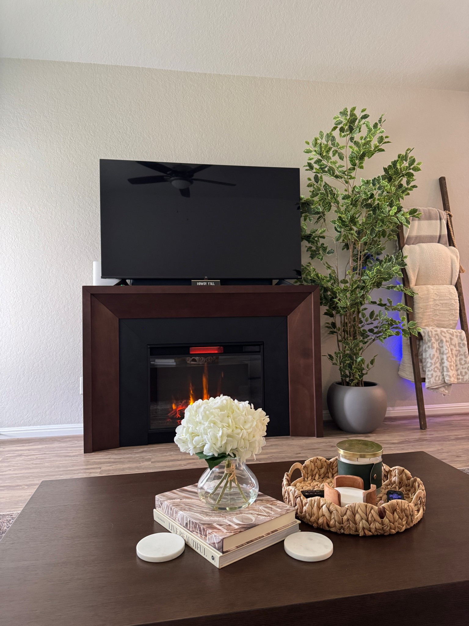 Cozy living room with real flame fireplace. Olive tree, wood coffee table. Modern traditional design  

#LTKHome