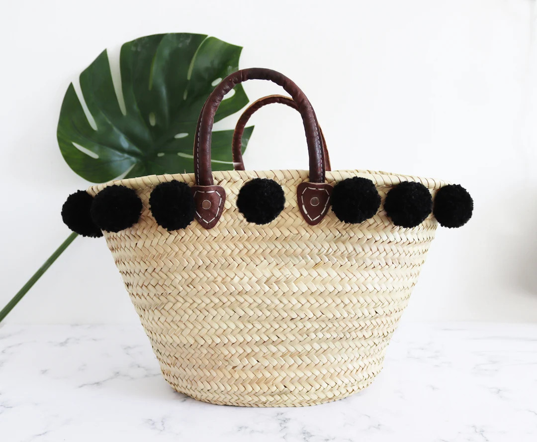 Hand Made Woven Moroccan Basket Tote With Black Pom Poms - Etsy | Etsy (US)