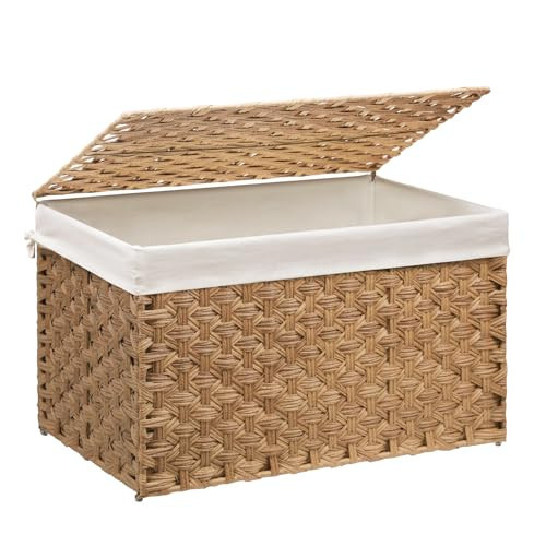 MOORLITER Wicker Storage Basket with Lid, 42.3 Gallon (160L) Large Blanket Basket with Lid, Woven Storage Bin with Handles, Removable Liner, Metal Frame, Foldable, for Bedroom, Laundry Room, Natural | Amazon (US)