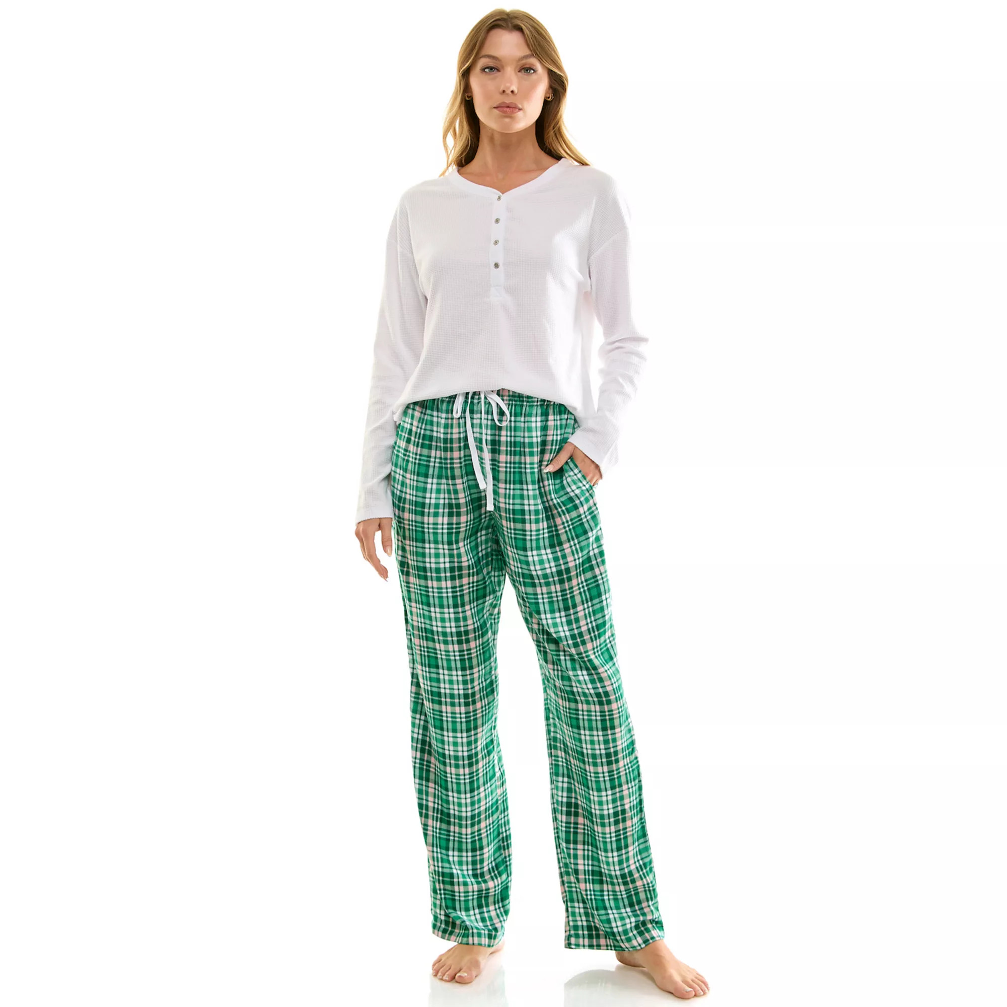 Women's Croft & Barrow® Henley Pajama Top & Flannel Pajama Bottoms Set | Kohl's