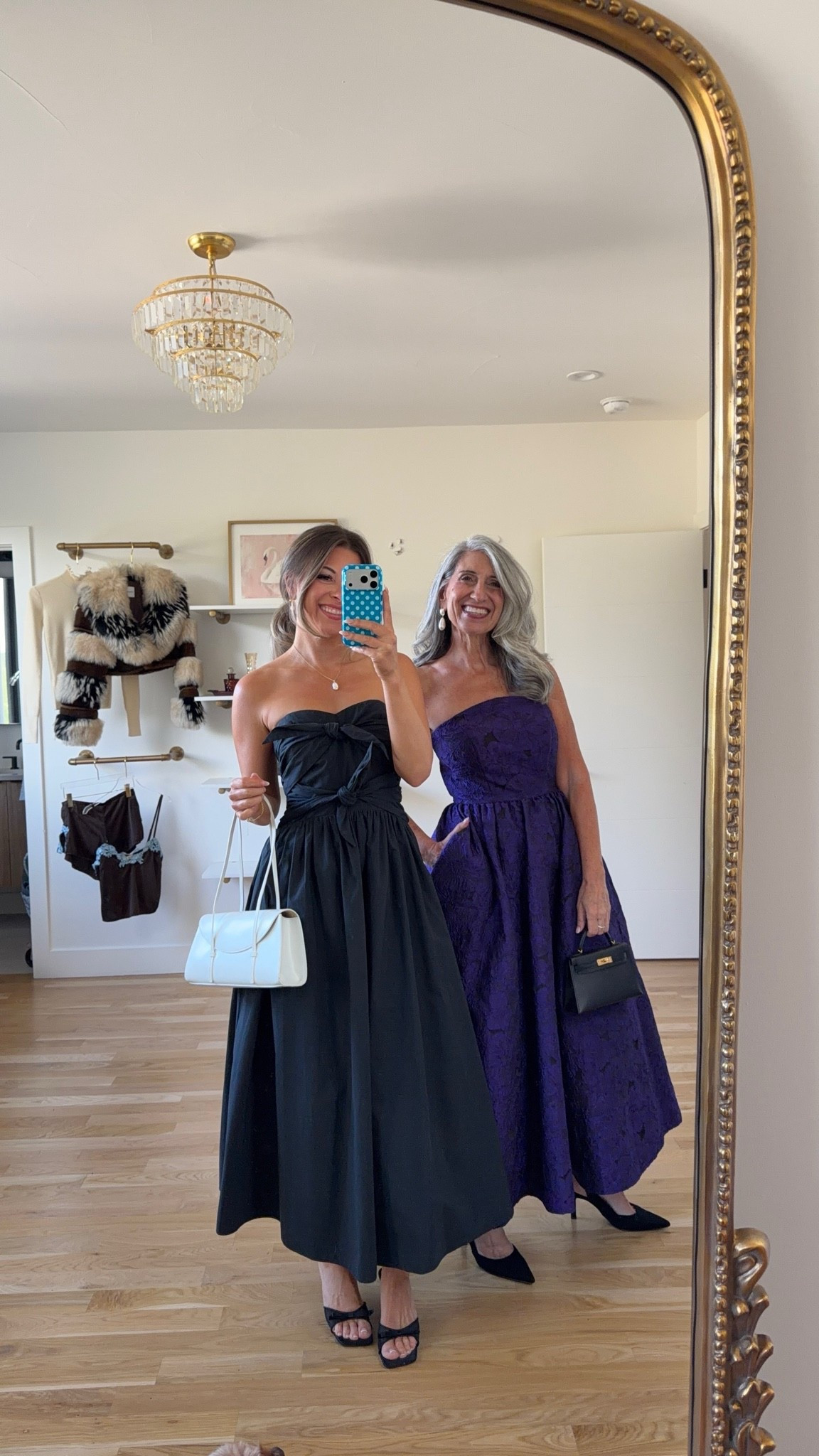 black strapless midi with a sweetheart neckline and two bow details, purple brocade strapless dress with a floral pattern mom and me formal wedding guest and mother of the bride dresses 💍✨

revolve code: tulip
Mac Duggal: emerson10

I’m 5’4” and wear a size small/2 
- sized down to xs
mom is 5’4” and wears a medium/6
- size down to a 4 

fall wedding guest dresses, wedding guest dresses, cocktail dresses, semi-formal dresses, black tie wedding guest dresses, destination wedding guest dresses, garden party dresses, wedding guest outfit ideas, mom & me outfits, mom & me dresses, matching outfits, mother daughter outfits, family photo outfits, wedding guest dresses, mother of the bride, mother of the groom, wedding guest outfit ideas