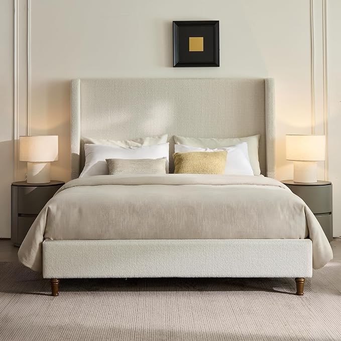 Boucle King Size Bed Frame, 54" Tall Headboard Upholstered Platform BedFrame with Wingback, Elega... | Amazon (US)