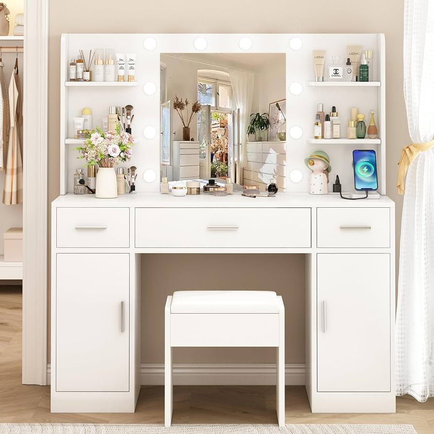 White Vanity Desk with Mirror and Lights, Power Outlet Large Makeup Vanity & Vanity Chair, Adjust... | Amazon (US)