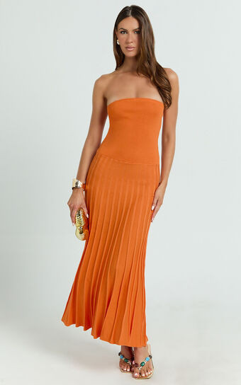 Paris Midi Dress - Strapless Drop Waist Pleated Knit Dress in Orange | Showpo (US, UK & Europe)