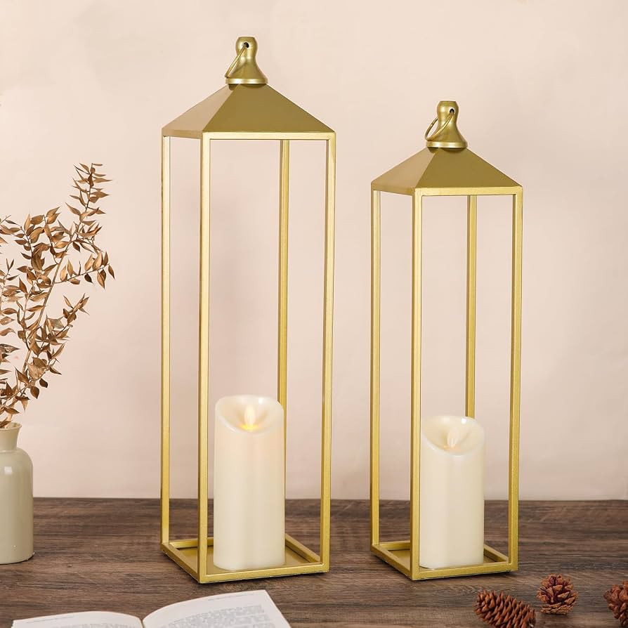 22'' 19'' Large Lanterns Decorative Outdoor Indoor, Set of 2 Gold Metal Candle Lantern Modern Far... | Amazon (US)