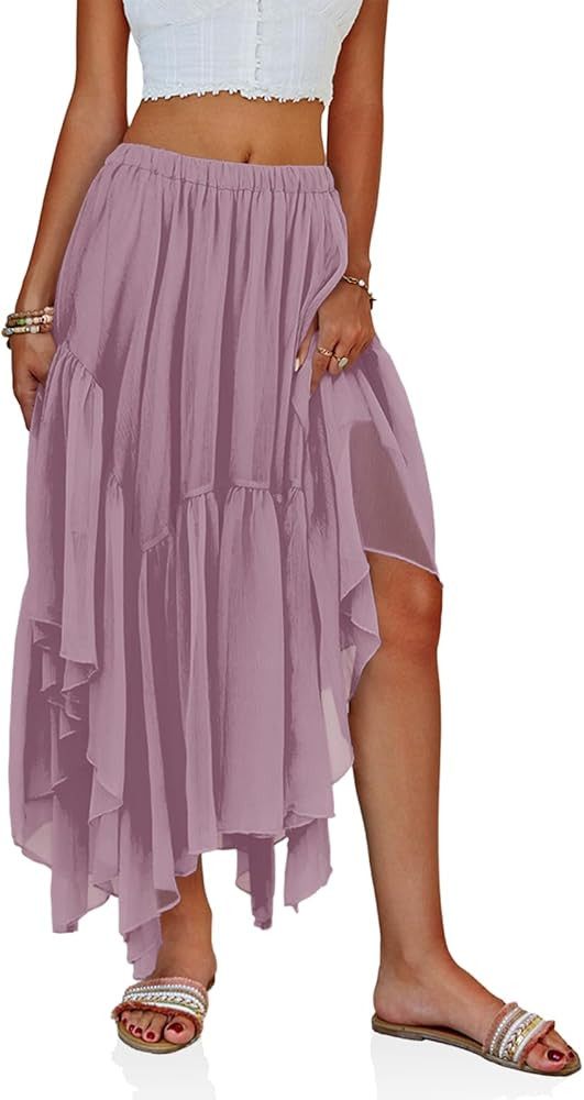 Fisoew Womens Summer Boho Maxi Skirt Casual Asymmetric High-Low Hem Flowy Bohemia Long Skirt | Amazon (US)