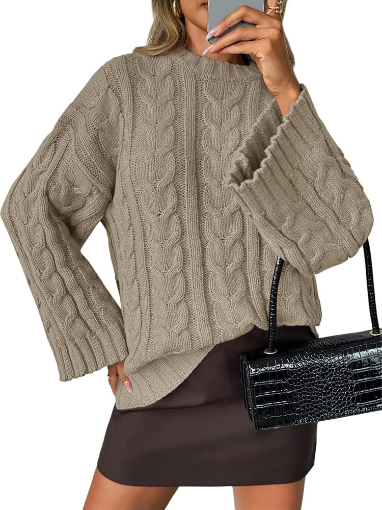 Saodimallsu Womens Oversized Sweaters Cable Knit Bell Batwing Sleeve Crew Neck Fall Winter Chunky... | Amazon (US)