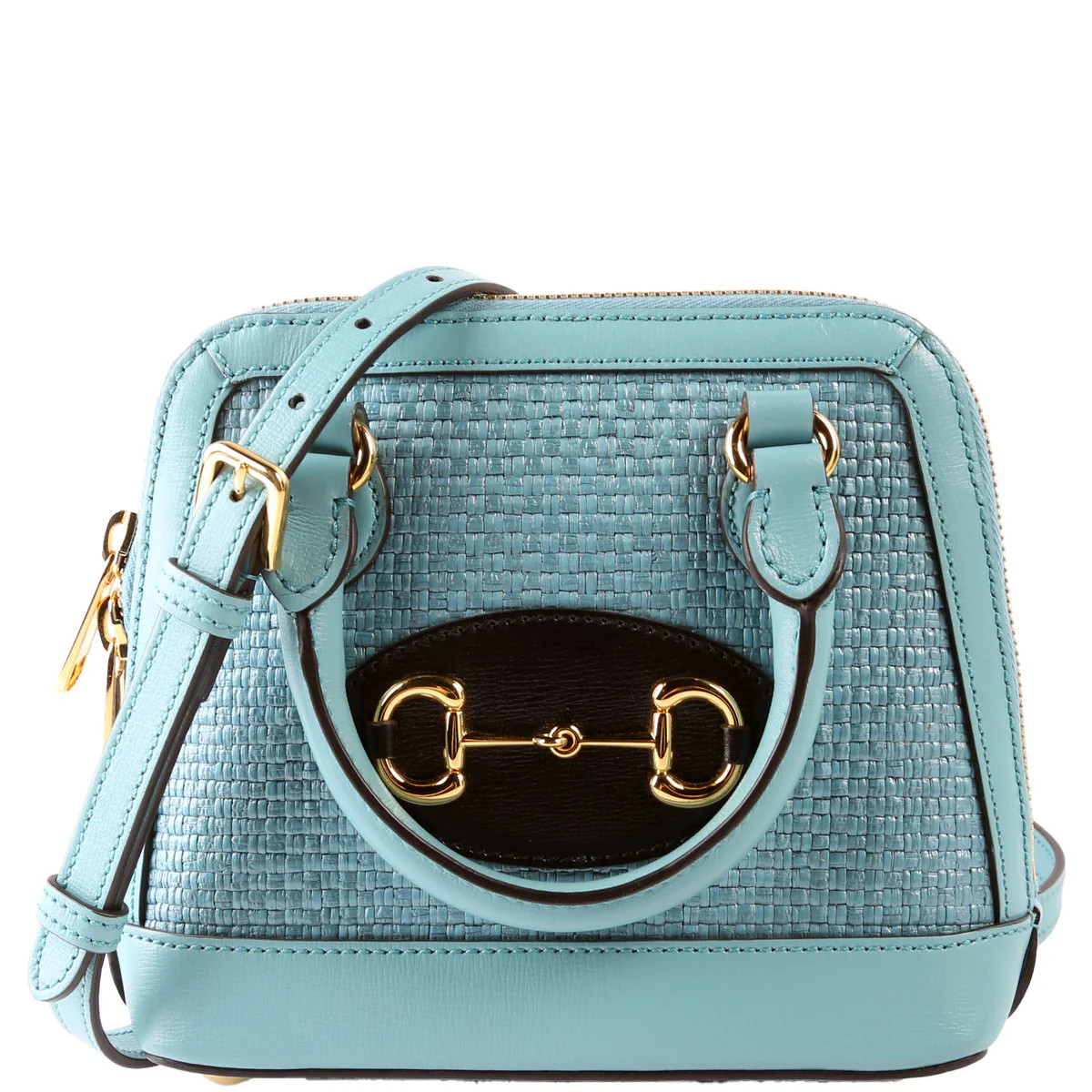 640716 Horsebit 1955 Mini Top Handle Raffia Teal | Keeks Designer Handbags